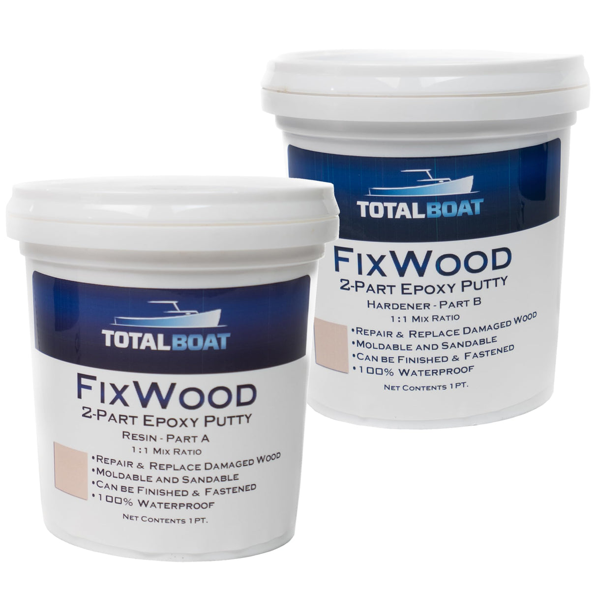 TotalBoat - 512884 Fixwood | Marine Grade Epoxy Putty | Stainable Paste Filler for Damaged Wood Repair or Replacement (2-Pint Kit), white TotalBoat