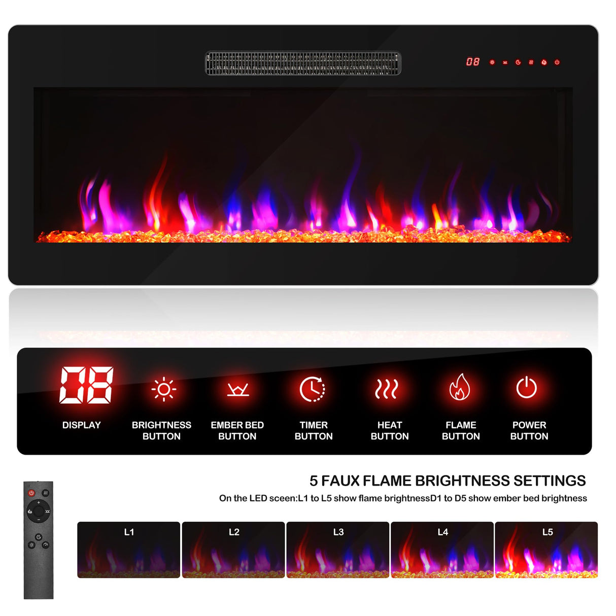 BELLEZE 68" Wood TV Stand with 36" Electric Fireplace, Entertainment Center with Storage Cabinet, Console Table for TVs up to 75 Inches, for Living Room, Bedroom - Harper (White Ebony) BELLEZE