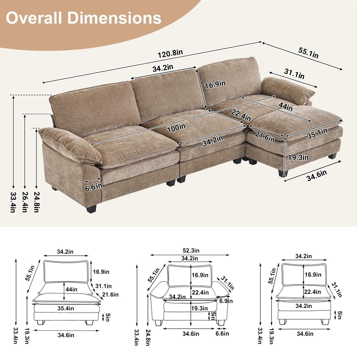 Karl home Chenille Modular Sectional Sofa 3 Seats with 1 Ottomans Sofa Couch L-Shaped Design, Comfy Upholstered Furniture for Living Room, Apartment, Studio, Office, Light Brown Karl home
