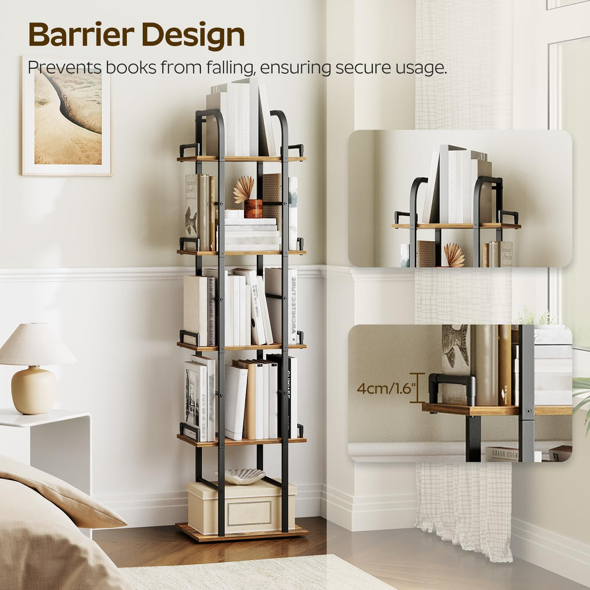 YATINEY Rotating Bookshelf, 5 Tier Spinning Bookcase Tower, 360 Display Narrow Bookshelf, Tall Industrial Corner Shelf Organizer, Storage Shelf Bookcase for Living Room, Rustic Brown and Black SJ02BR YATINEY