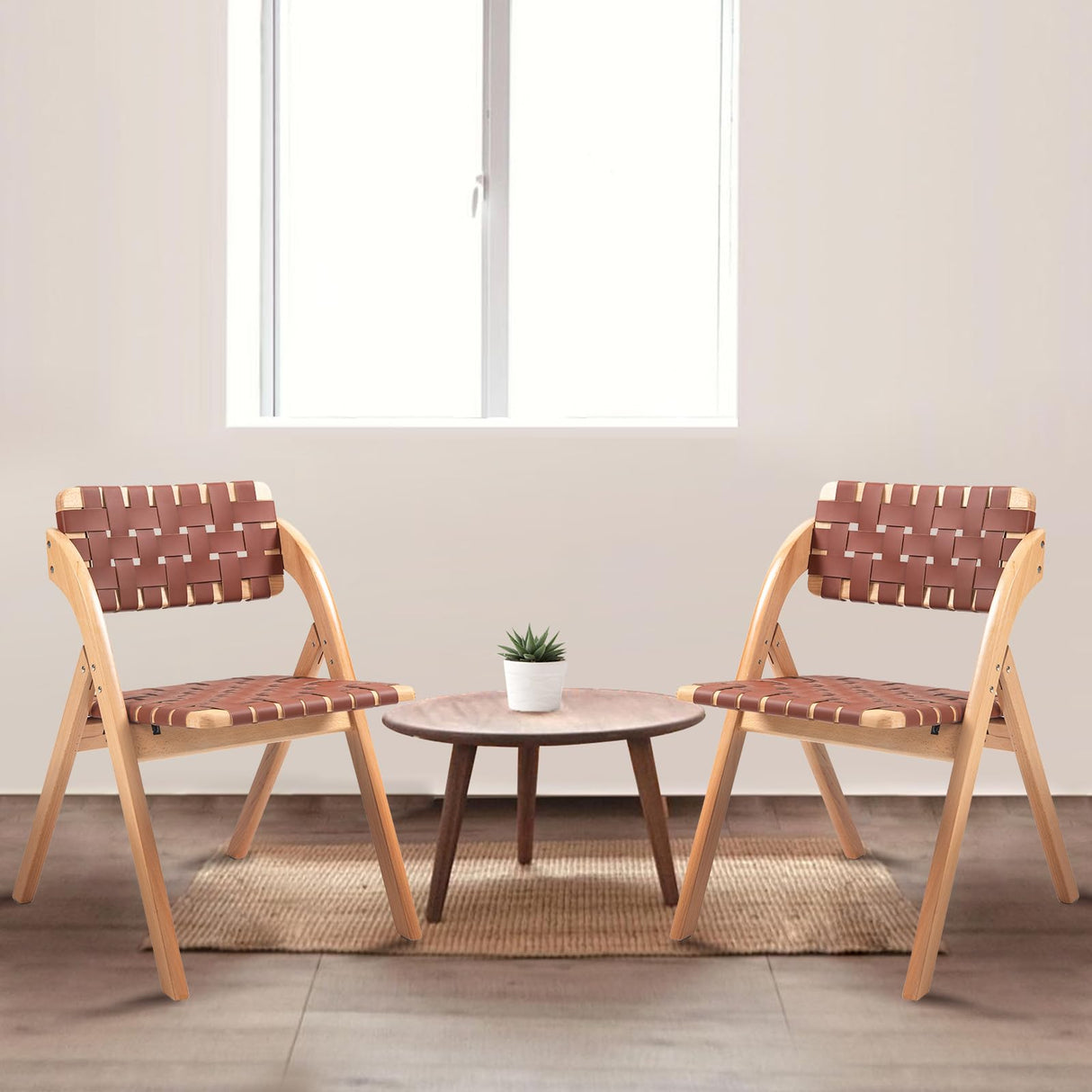 Luteren Folding Chairs Set of 2, Wooden Foldable Dining Chairs, Stackable Folding Extra Chair with Breathable Leather-Woven Design for Indoor & Outdoor, Brown Luteren