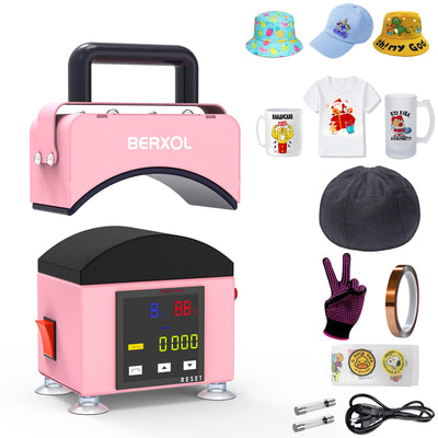 BERXOL Hat Press,Hat Press Heat Machine for Caps, Curved Heat Plate,Precise Temperature & Timer Control for Easy Operation, Mini Hat Heat Press for Hats, Bags and Socks (Coral Pink)