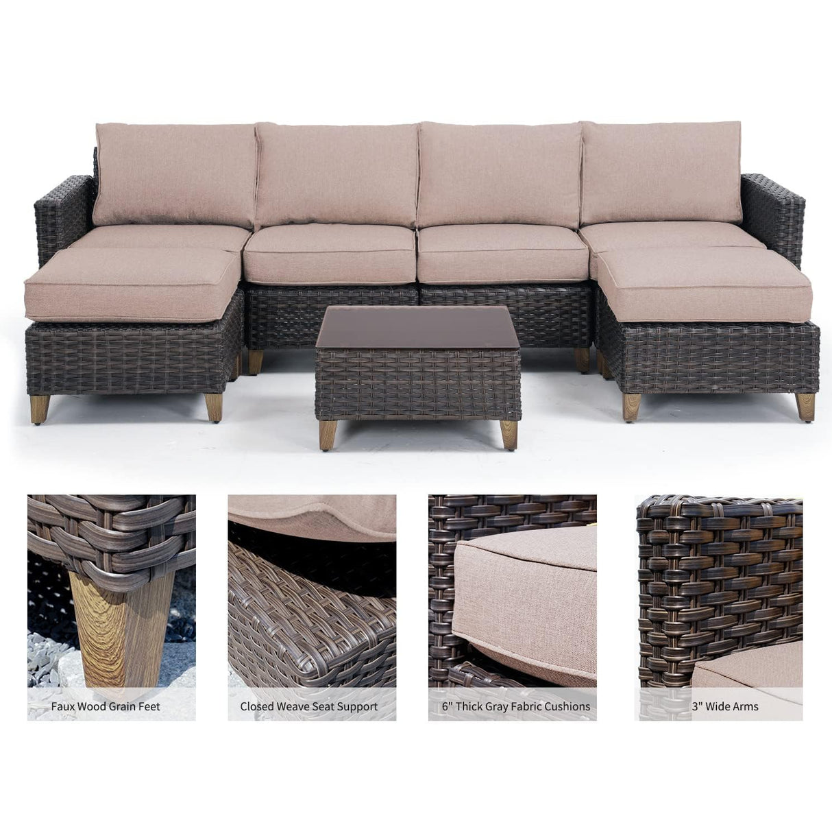 Grand patio Sofa Sets Outdoor Furniture Sets, Wicker Patio Furniture 7-Piece Sectional Sofa with Thick Olefin Cushions for Yard Garden Porch for Six (Beige Sofa Set for Six, 7 PCS) Grand patio