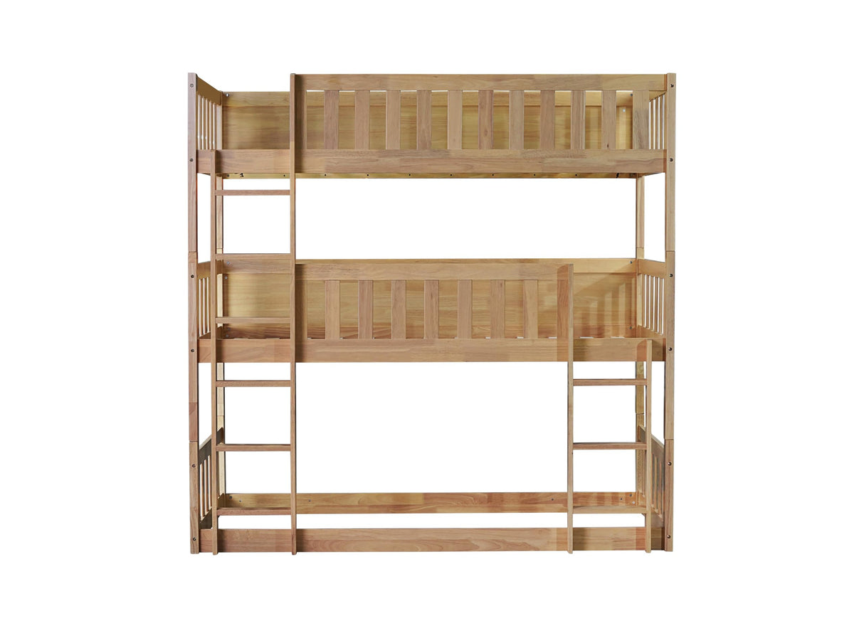 VilroCaz Modern Triple Bunk Bed, Rubber Wood Detachable Triple Twin Bunk Bed Frame, 3-in-1 Bunk Beds with Ladder and Guardrails for Kids Teens, Maximize Space (Oak-ON) VilroCaz