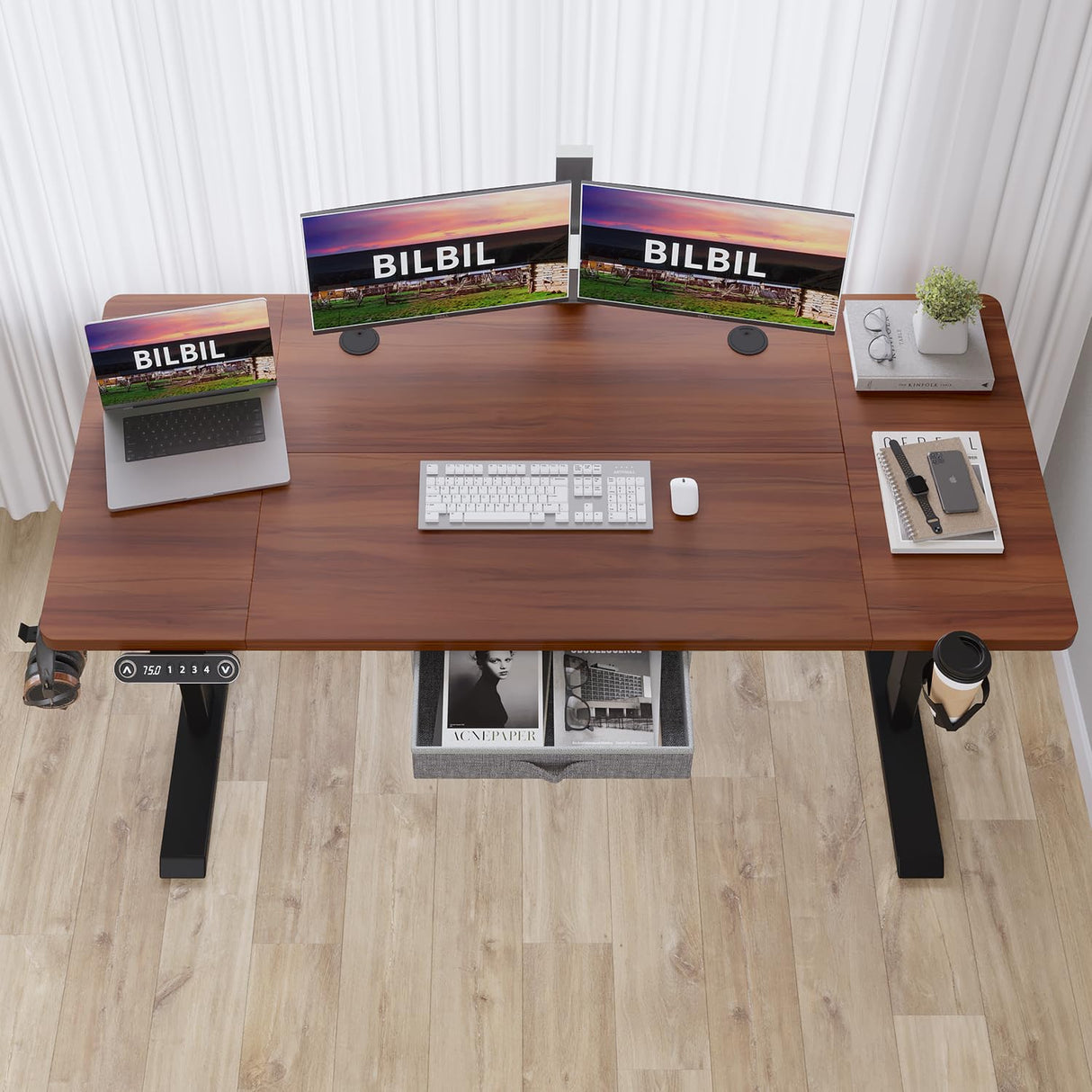 bilbil 63x30 Inches Electric Standing Desk with Drawer, Height Adjustable Sit Stand Up Desk with 4 Splice Boards, Home Office Desk Computer bilbil