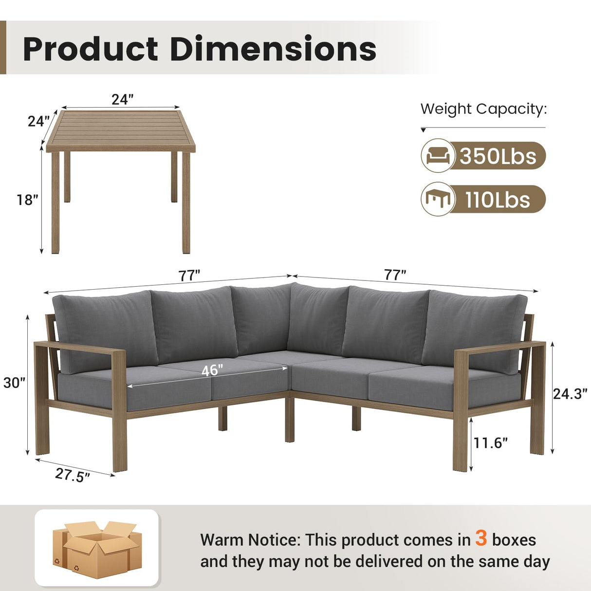 UDPATIO 6 Piece Patio Furniture Set, Faux Wood Metal Outdoor Sectional Sofa with 6" Thick Olefin Cushions, Wide Armrest & Coffee Table, L Shaped Outdoor Furniture for Garden, Backyard Dark Grey UDPATIO