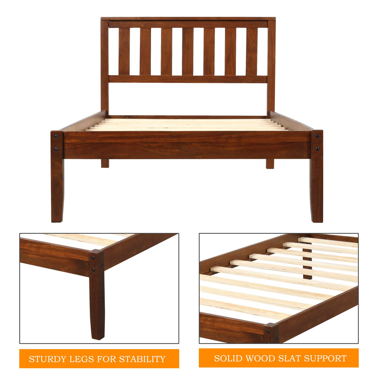 SOFTSEA Twin Platform Bed Frame with Storage, Farmhouse Bed Frame with Headboard for Kids Teens, Wood Slats, Easy Assembly, Walnut SOFTSEA