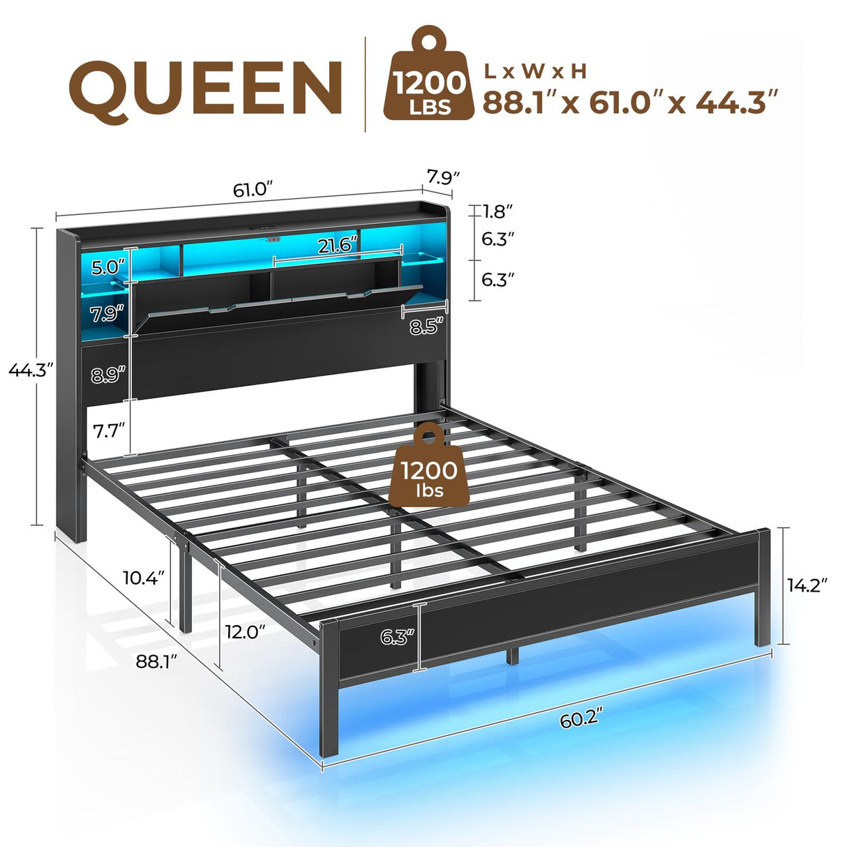 Rolanstar Queen Bed Frame with Headboard, LED Bed with Bookcase Storage and Charging Station, Metal Platform Bed with Glass Shelves, No Box Spring Needed, Noise-Free, Black Rolanstar
