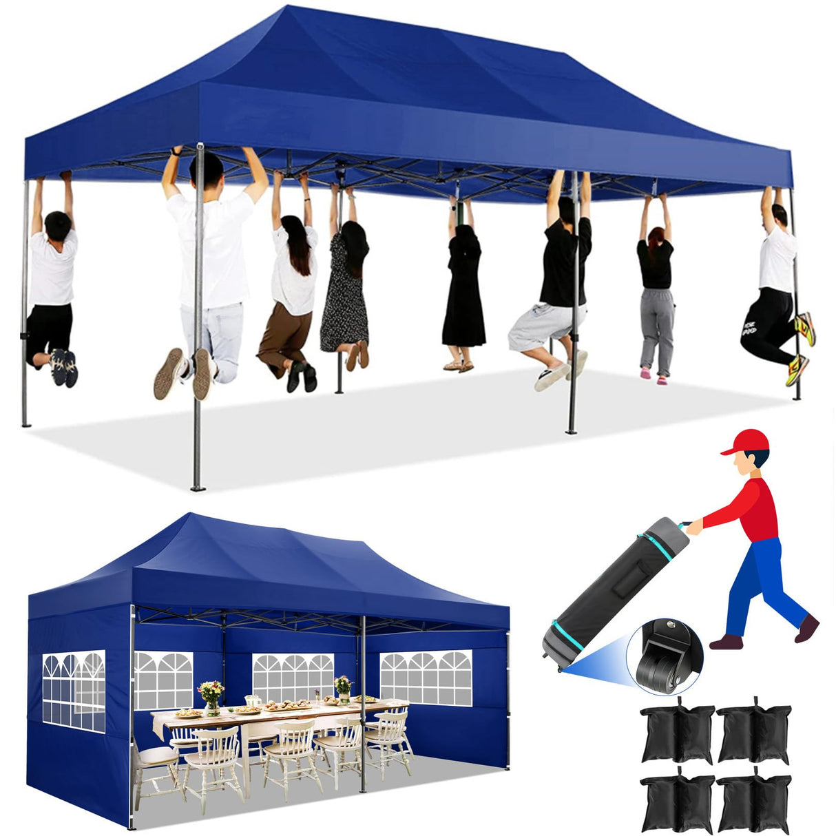 COBIZI Pop up Canopy Tent 10x20 Heavy Duty Gazebo with 6 Sidewalls, UPF 50+ All Weather Waterproof Commercial Outdoor Wedding Party Tents Canopy with Roller Bag, Dark Blue COBIZI