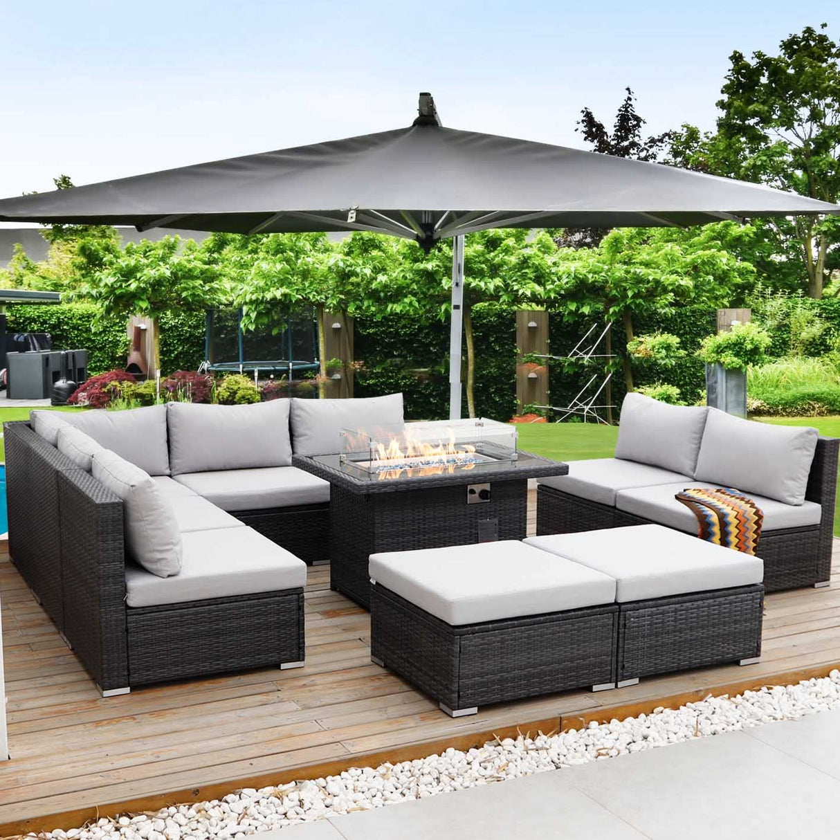 NICESOUL 10 Piece Modern Outdoor Patio Furniture Set with Firepit Natural Gas Propane Convertible, 29.3'' High Back Extra Large Size Wicker Conversation, Deep Wide Comfortable Couch for Outside, Grey NICESOUL