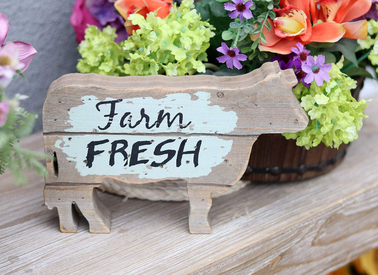 PARISLOFT Farm Fresh Wood Cow Shaped Sign Tabletop Decor, Carved Cow Statue Home Decor, Animal Sculpture Decorations PARISLOFT