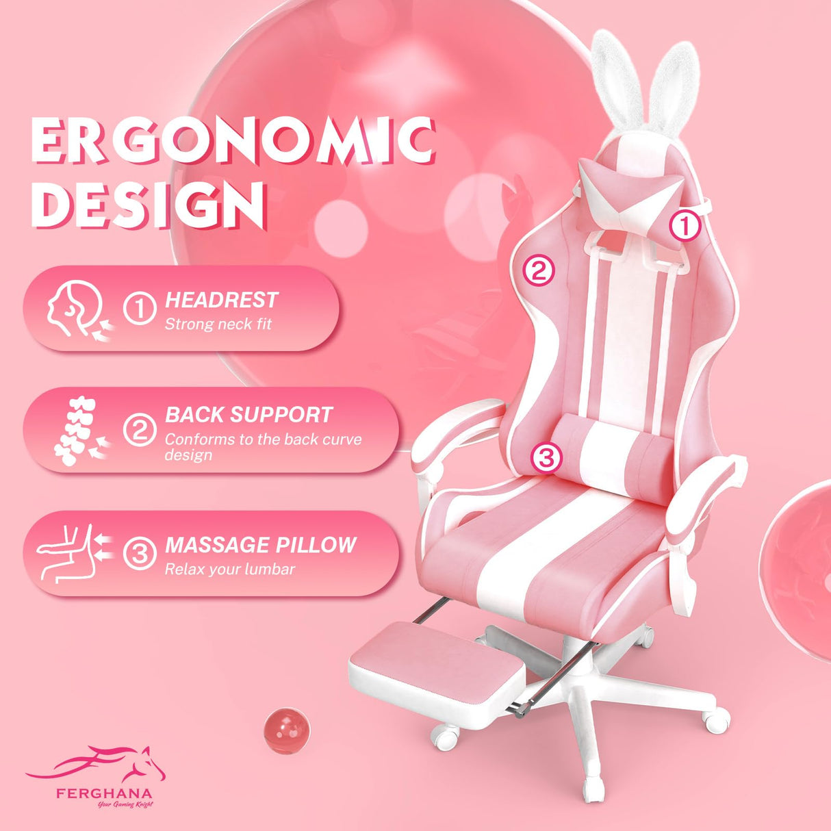 Ferghana Kawaii Pink Gaming Chair with Bunny Ears, Ergonomic Cute Gamer Chair with Footrest and Massage, Racing Reclining Leather Office Computer Game Chair 250lbs for Girls Adults Teens Kids Ferghana