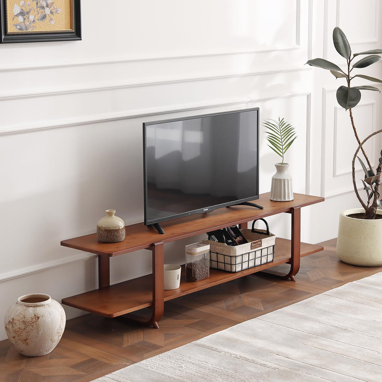 Welnow Bamboo TV Stand for Up to 65 Inch, Mid Century Modern Entertainment Center with 2-Tier Open Shelves, Storage Media Console Table for Living Room, Bedroom, Walnut Welnow