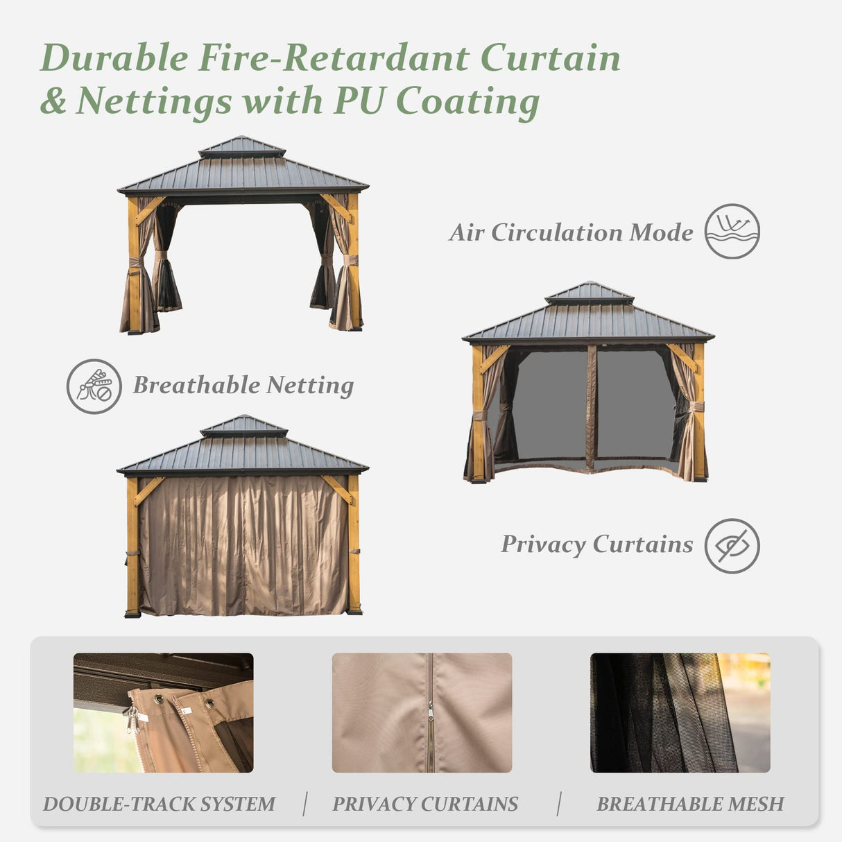 Domi 12x12 ft Wood Gazebo, Cedar Wood Frame Hardtop Gazebo with Galvanized Steel Double Roof, Outdoor Gazebo with Netting and Curtains, Patio Gazebo Pergola Pavilion for Patio, Backyard, Deck, Lawns domi outdoor living