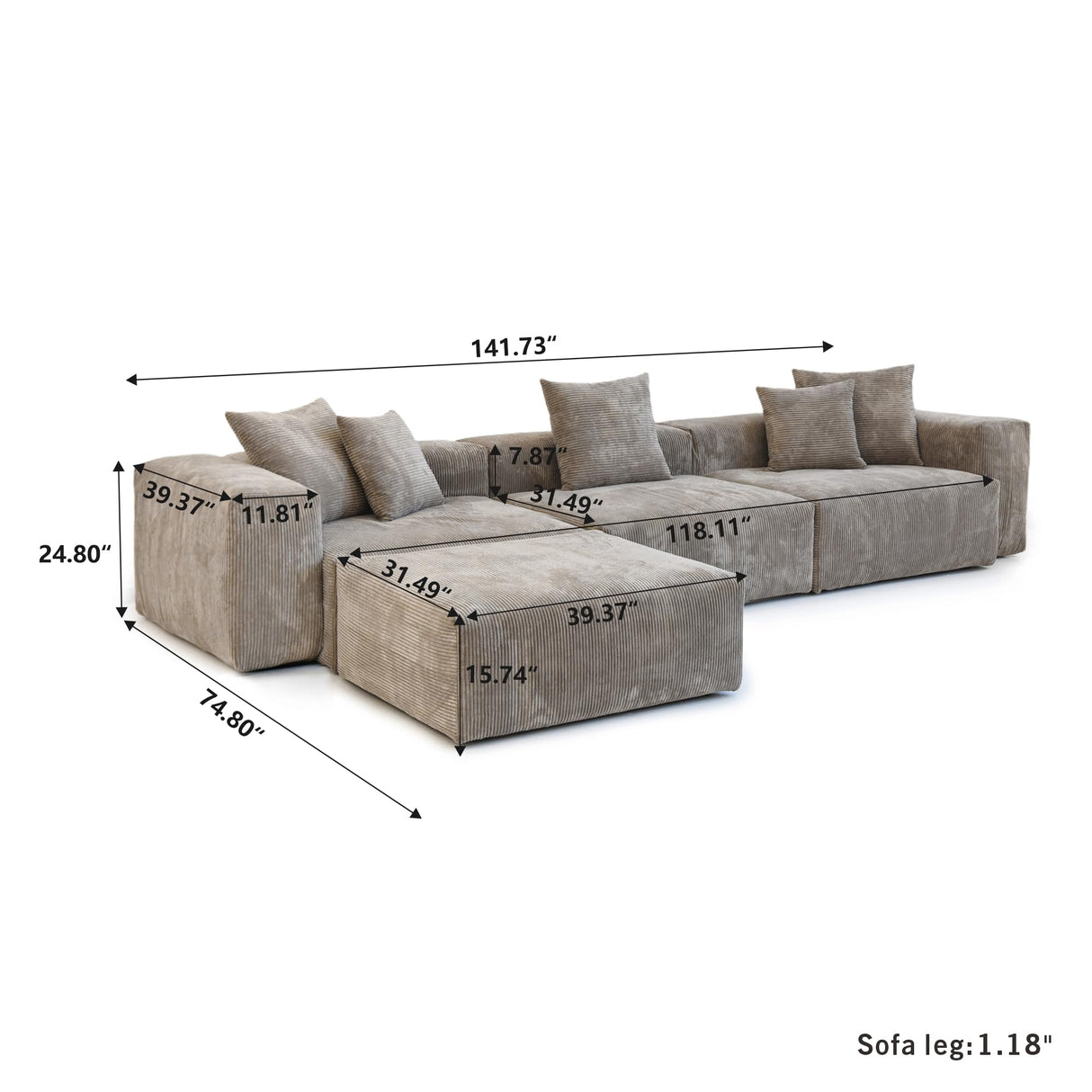 Sdorens 141.73" Modular Sectional Sofa Cloud Couch, L Shaped Sofa with Ottoman, Corduroy Couch with 5 Pillows, Oversized Corduroy Sectional Couches for Living Room, Washable Cover, Brown Sdorens