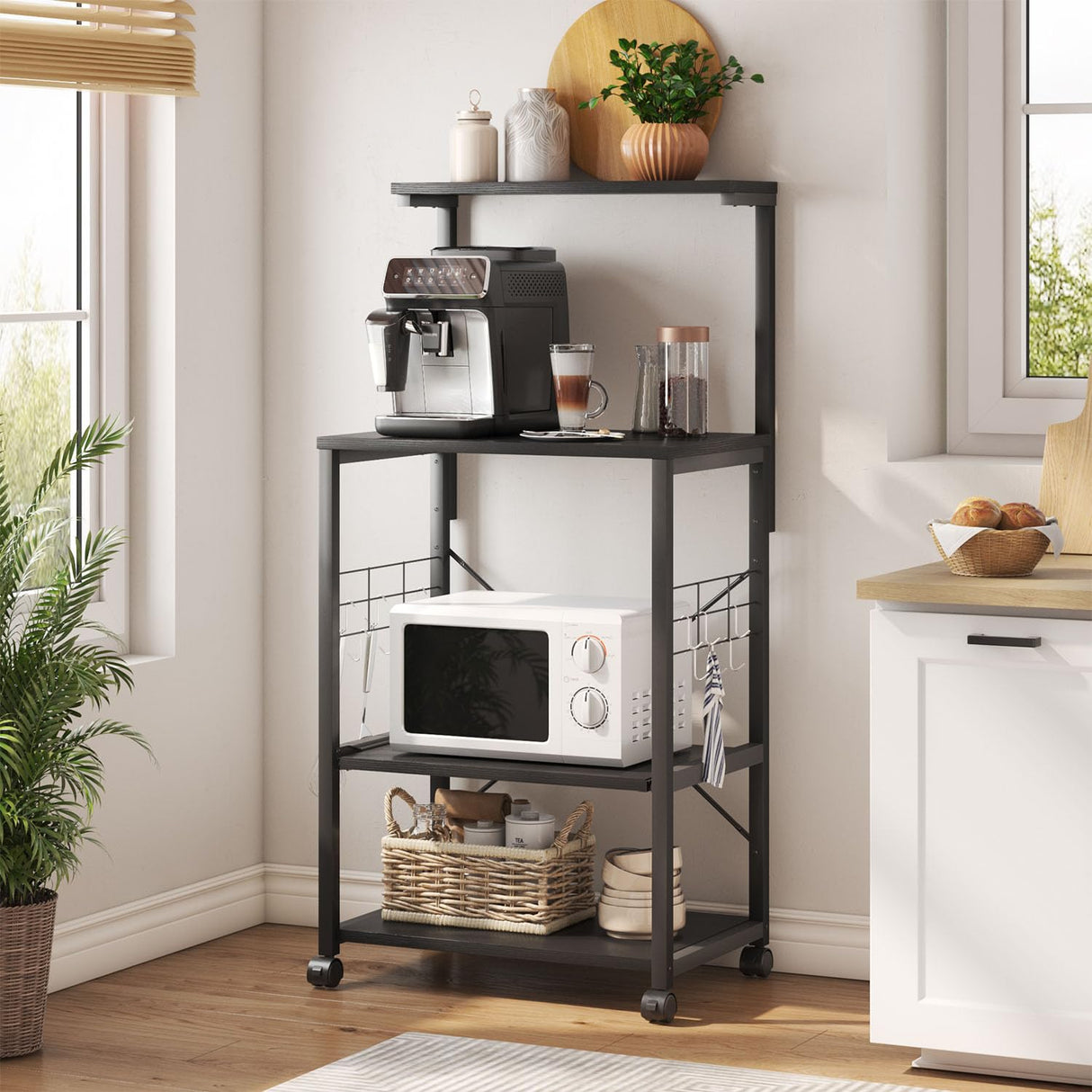 Bestier 4-Tier Black Kitchen Bakers Rack with Pull-Out Shelf & Hooks on Wheels Bestier