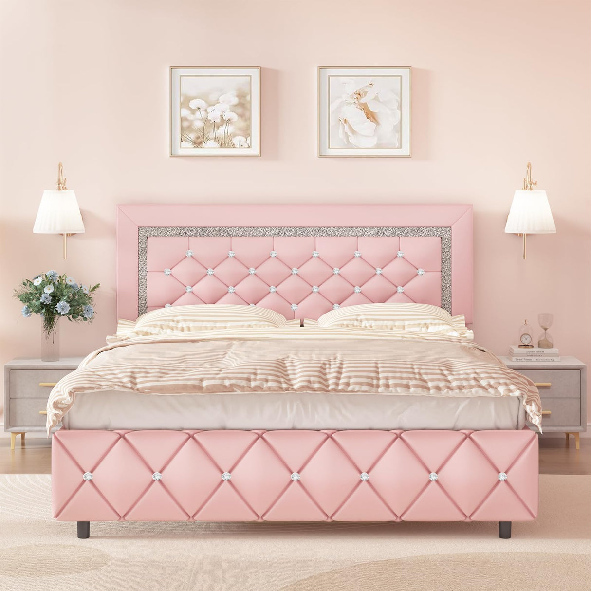 HOMBCK Queen Bed Frame, Upholstered Bed Frame Queen Size with Diamond Tufted Headboard, Faux Leather Headboard & Footboard, Wooden Slats Support, No Box Spring Needed, Easy Assembly, Pink HOMBCK