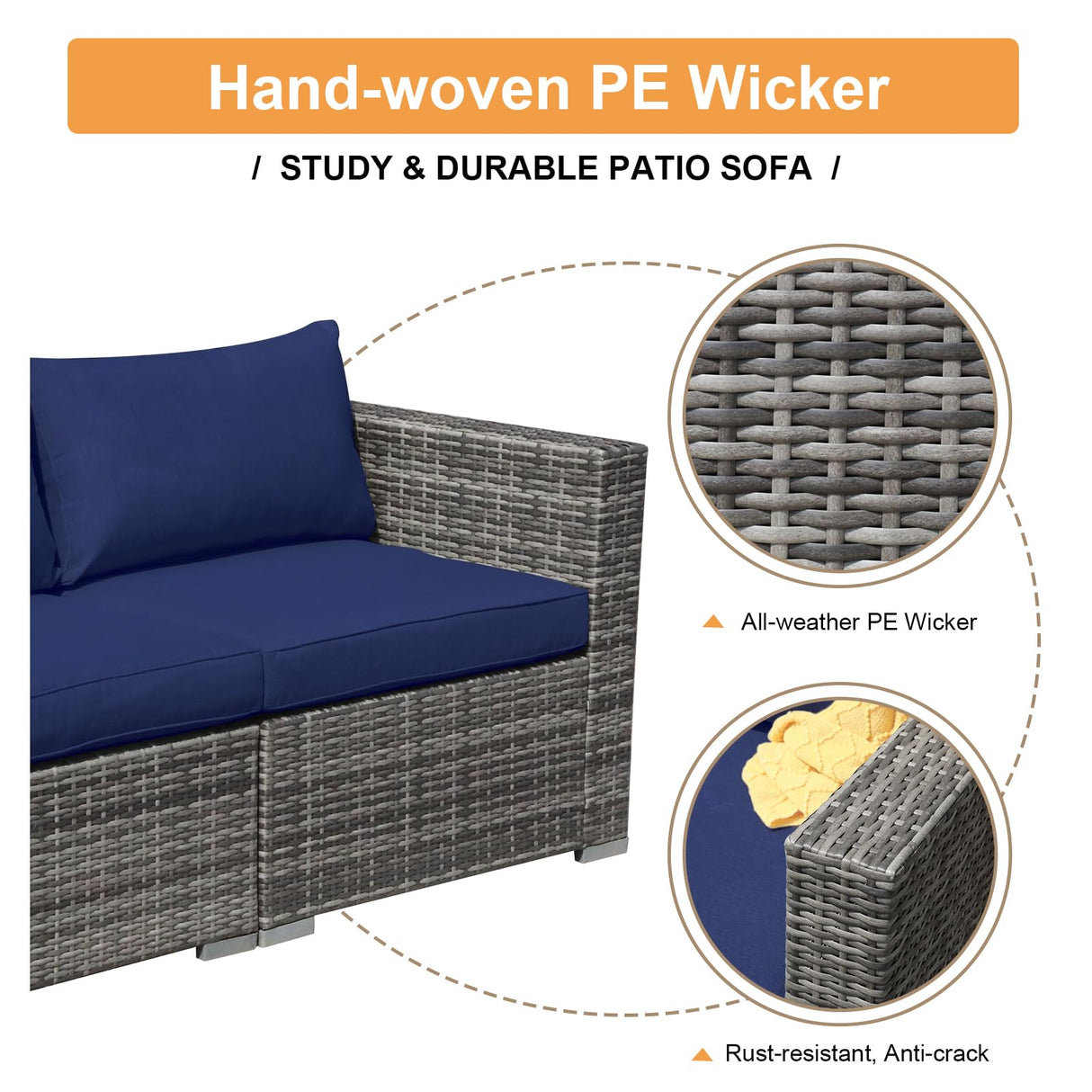 Super Patio Outdoor Patio Furniture Set, 5 Piece PE Wicker Outdoor Sectional Sofa Set, Rattan Patio Conversation Set with Cushions and Coffee Table for Garden, Backyard, Porch, Navy Blue Super Patio