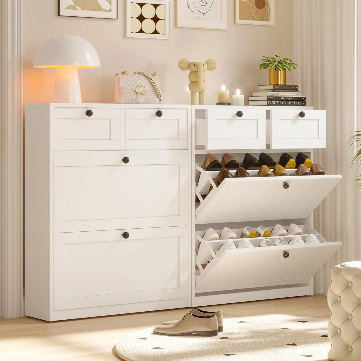 VOWNER Shoe Cabinet with 2 Flip Drawers & 2 Drawers, Freestanding Shoe Storage Cabinet with Adjustable Shelves, Shoe Organizer for Entryway, Hallway, Living Room (White) VOWNER