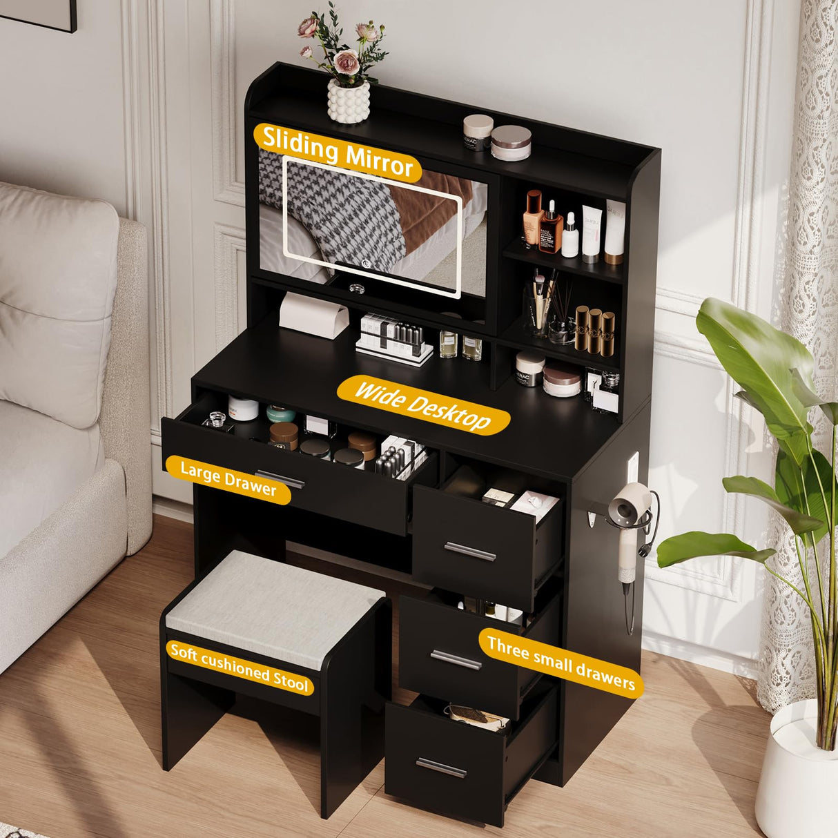 Viaozutis Vanity Desk with a Mirror and Lights,with Chair and Four Drawers, Three Adjustable Lighting Modes,with Power Outlet and Sliding LED Mirror,Bedroom Vanity Desk (Black) Viaozutis