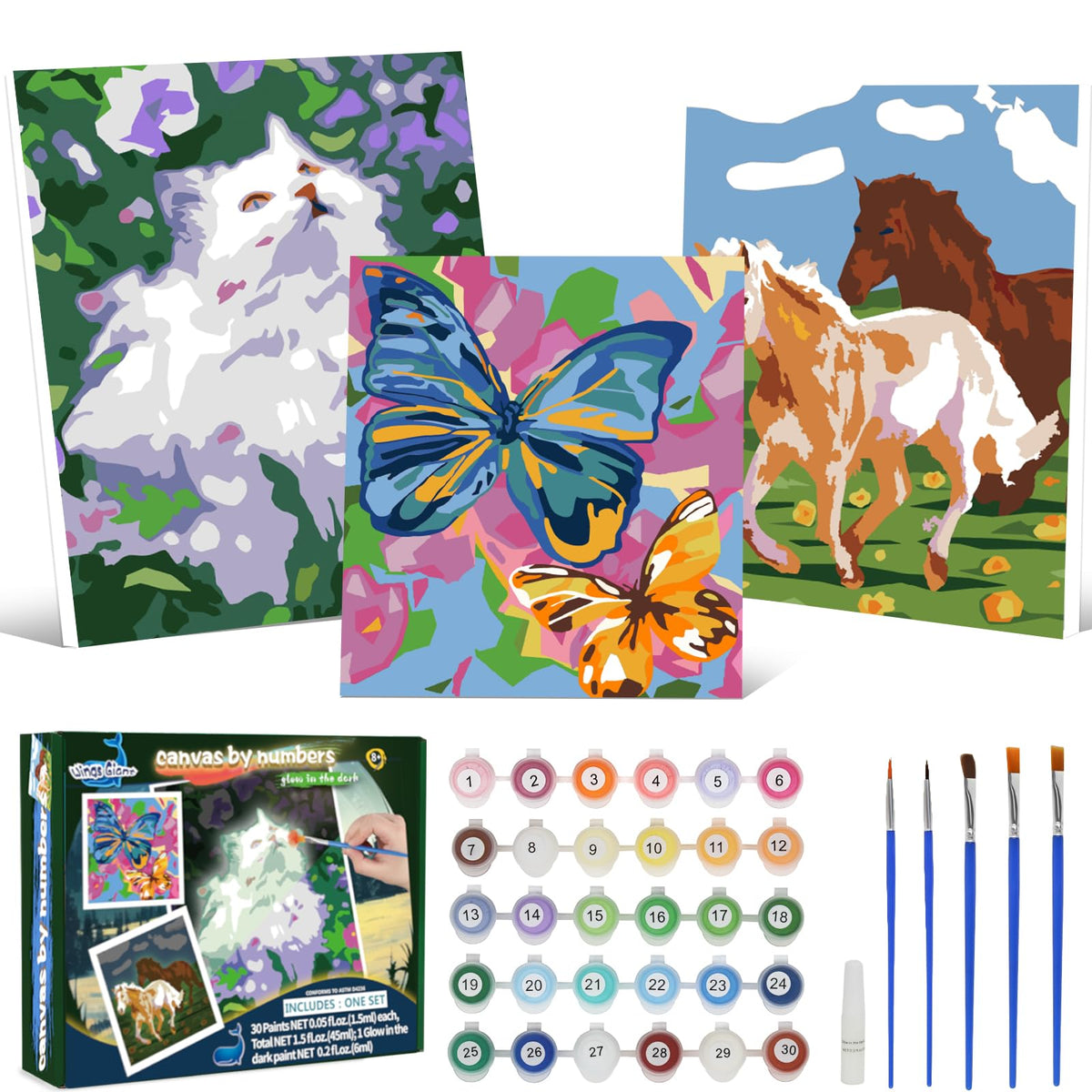 Paint-by-Numbers for Kids Ages 8-12 - Acrylic Paint Set, Paint by Numbers, Glow in The Dark, DIY Craft, Include 3 Canvas Framed with 30 Pots, 5 Brushes, Horse Paint by Number, Wooden Crafts to Paint Wings Giant