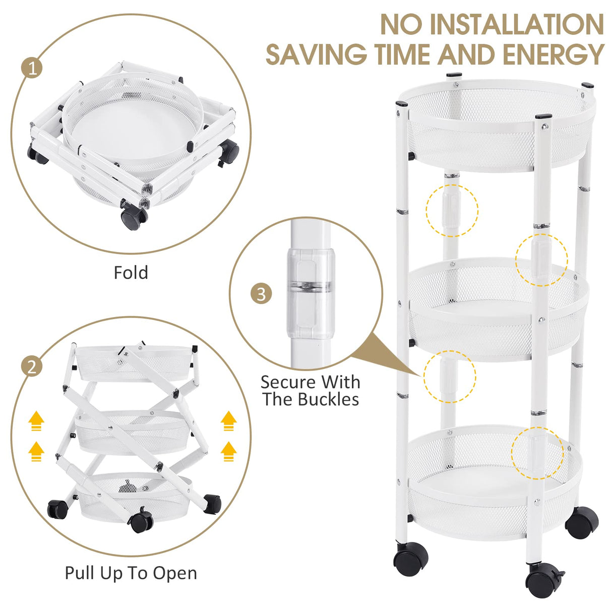 TOOLF 3-Tier Metal Storage Rolling Cart, Collapsible Utility Cart, No Assemble, Multifunction Serving Organizer Trolley with Lockable Wheels for Kitchen, Living Room, Bathroom,White TOOLF