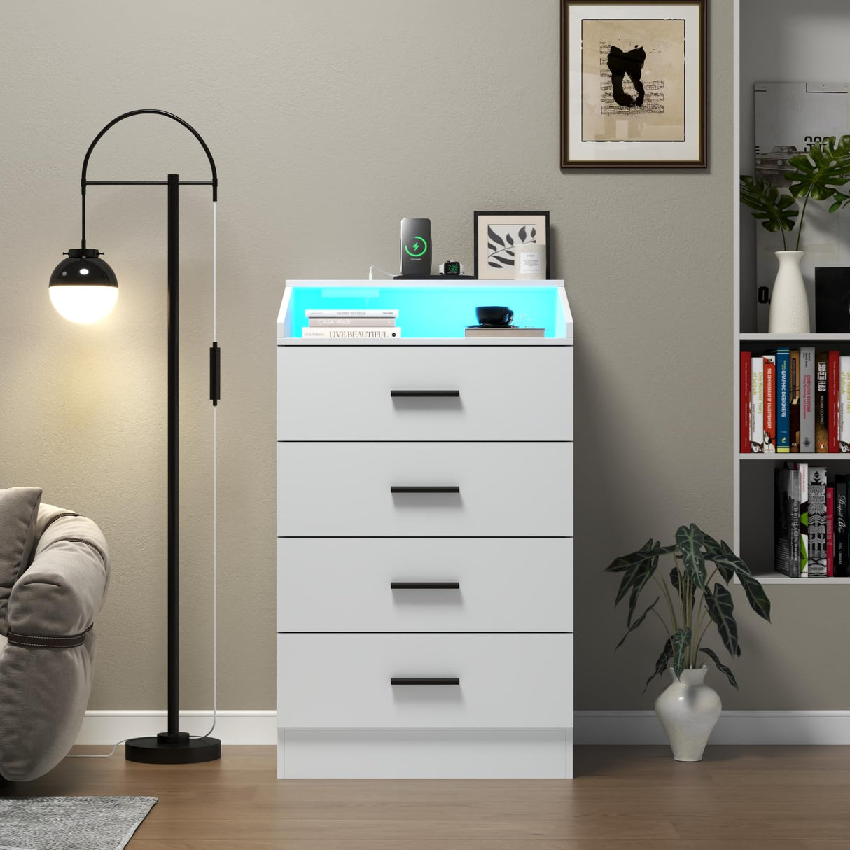 4 Drawer Dresser for bedroom with LED Light, Modern Dresser with Power Outlet, White Dressers with Open Storage Cubby, Chest of Drawers Storage Organizer for Bedroom, Hallway, Living Room(White)โฆ Gyfimoie