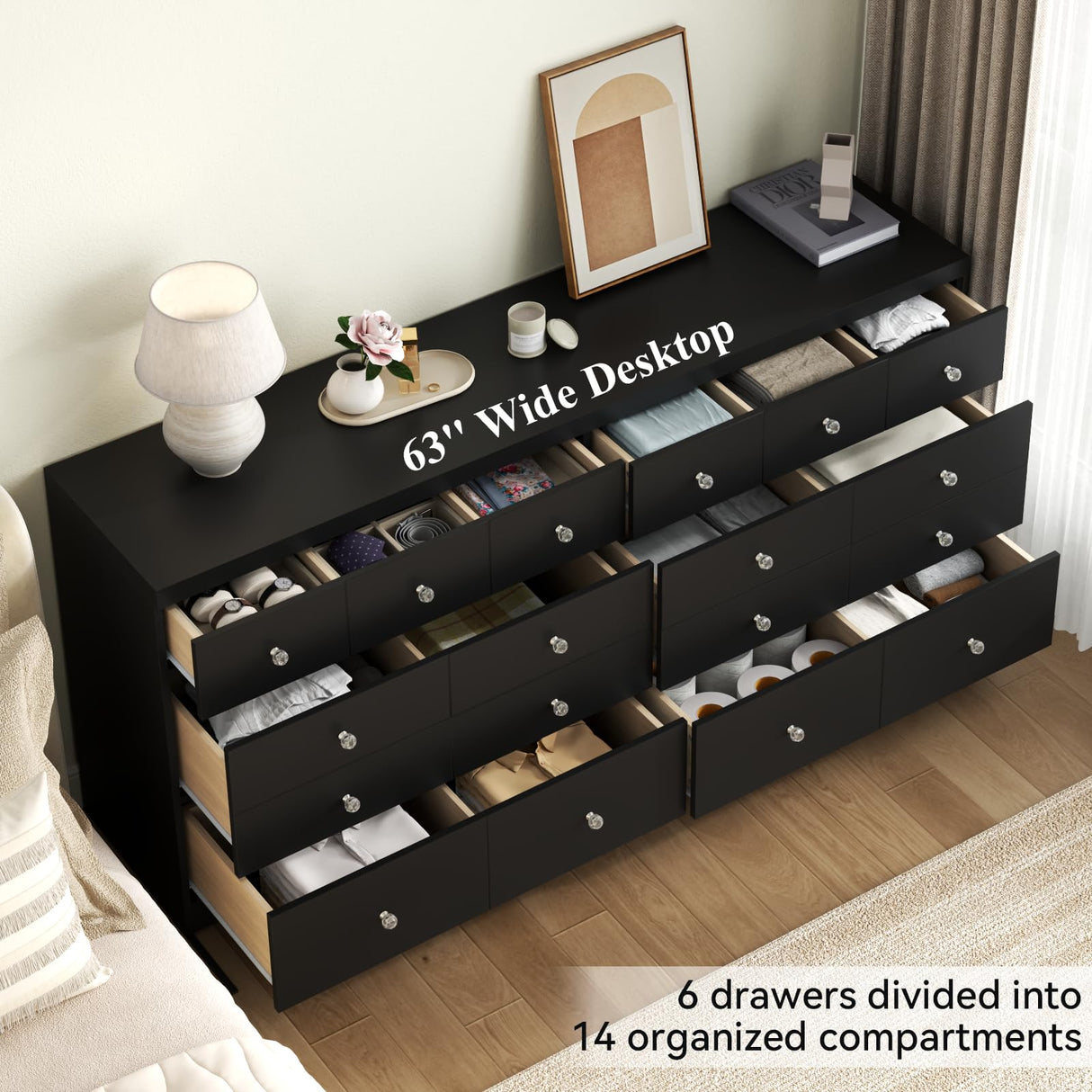 63'' Long Dresser for Bedroom, Double Wide Dresser 6 Drawer Dresser with 14 Organized Compartments, Modern Black Wood Dresser 6 Drawer with Glass Handles, Extra Large Chest of Drawers for Bedroom Gyfimoie