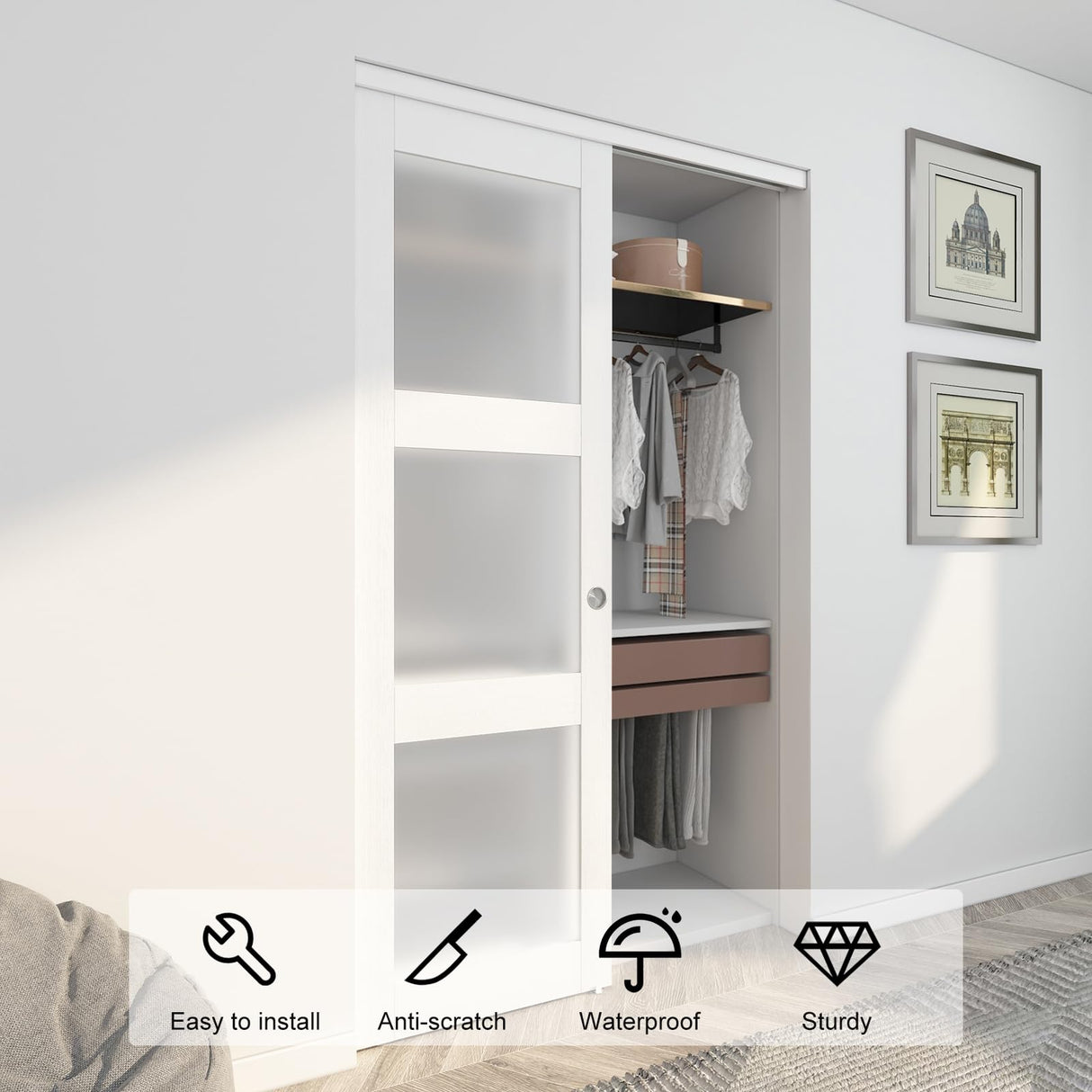 JUBEST Sliding Closet Door 48"(Double 24.5")x80", 3-Lite Frosted Glass Bypass Door with Hardware Kit & Matching Fascia, Pre-Drilled Solid Wood Slab with Water-Proof PVC Surface, Easy to Install, White JUBEST