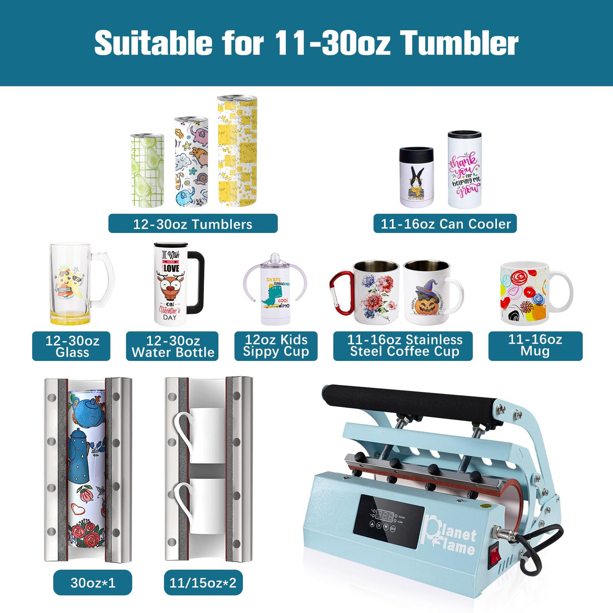 PlanetFlame Tumbler and Hat Heat Press Machine, 2-in-1 Combo Machine for Cup and Cap with Gloves and High Temp Heat Resistant Tape for 11oz-30oz Sublimation Tumbler and All Caps, Blue PlanetFlame