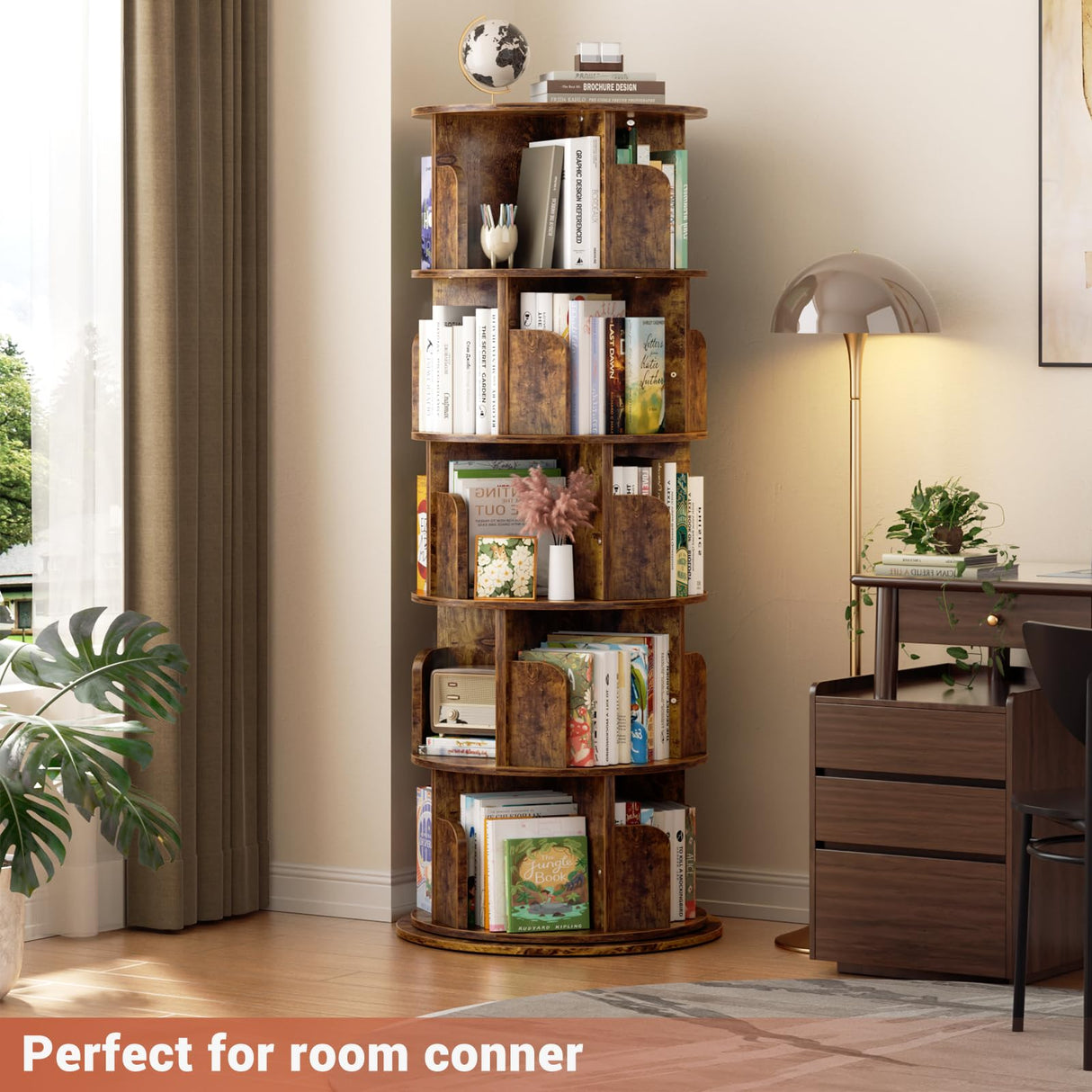 Besiost Rotating Bookshelf Tower, 5 Tier Spinning Bookcase, Revolving 360 Book Shelf Narrow Tall Bookcase, Vertical Turning Round Bookshelf Organizer, Corner Book Shelf for Small Space, Rustic Brown Besiost