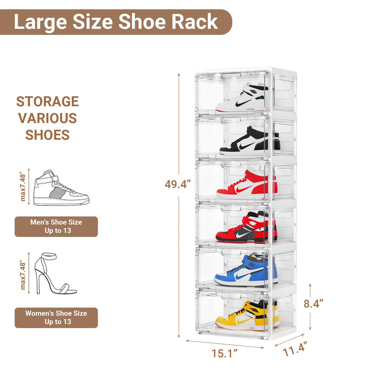 BROVIEW Led Shoe Boxes, Shoe Display Case with Lights, Large Clear Plastic Foldable Shoe Storage Box, Voice Activated Led Shoe Organizer Sneaker Case, Collection Crate, 1 Row 6 Tier White BROVIEW