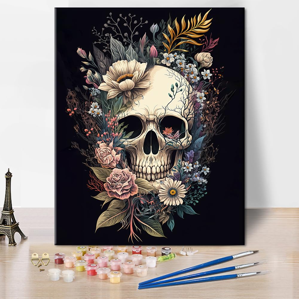 TUMOVO Paint by Numbers Skull with Flowers, Abstract Paint by Number for Adults, Adult Paint by Number Kits on Canvas Drawing Paintwork with Paintbrushes Art Crafts 16"x20"(Frameless) TUMOVO