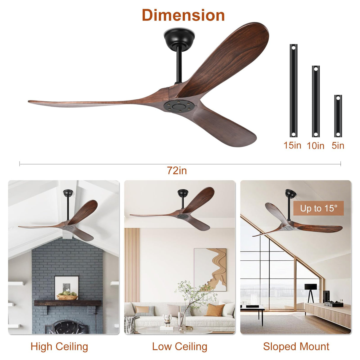 heimo 72 Inch Outdoor Ceiling Fans Without Lights,Wood Ceiling Fan No Light for Patios Living Room Bedroom Large Indoor Exterior Modern Farmhouse Propeller 3 Blade Wooden Fan with Remote (Walnut) heimo