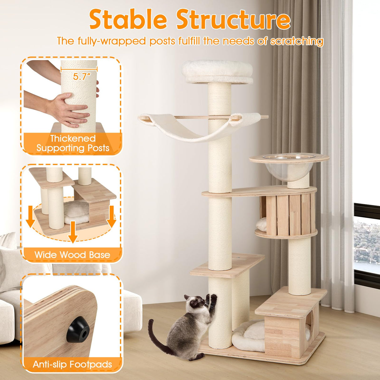 PETSITE 69 Inch Tall Wood Cat Tree, Multi-Level Modern Cat Tower with 5.7 inch Scratching Posts, Double Cat Condos, Space Capsule, Hammock, Large Wooden Cat Tree Tower for Indoor Cats, Natural PETSITE