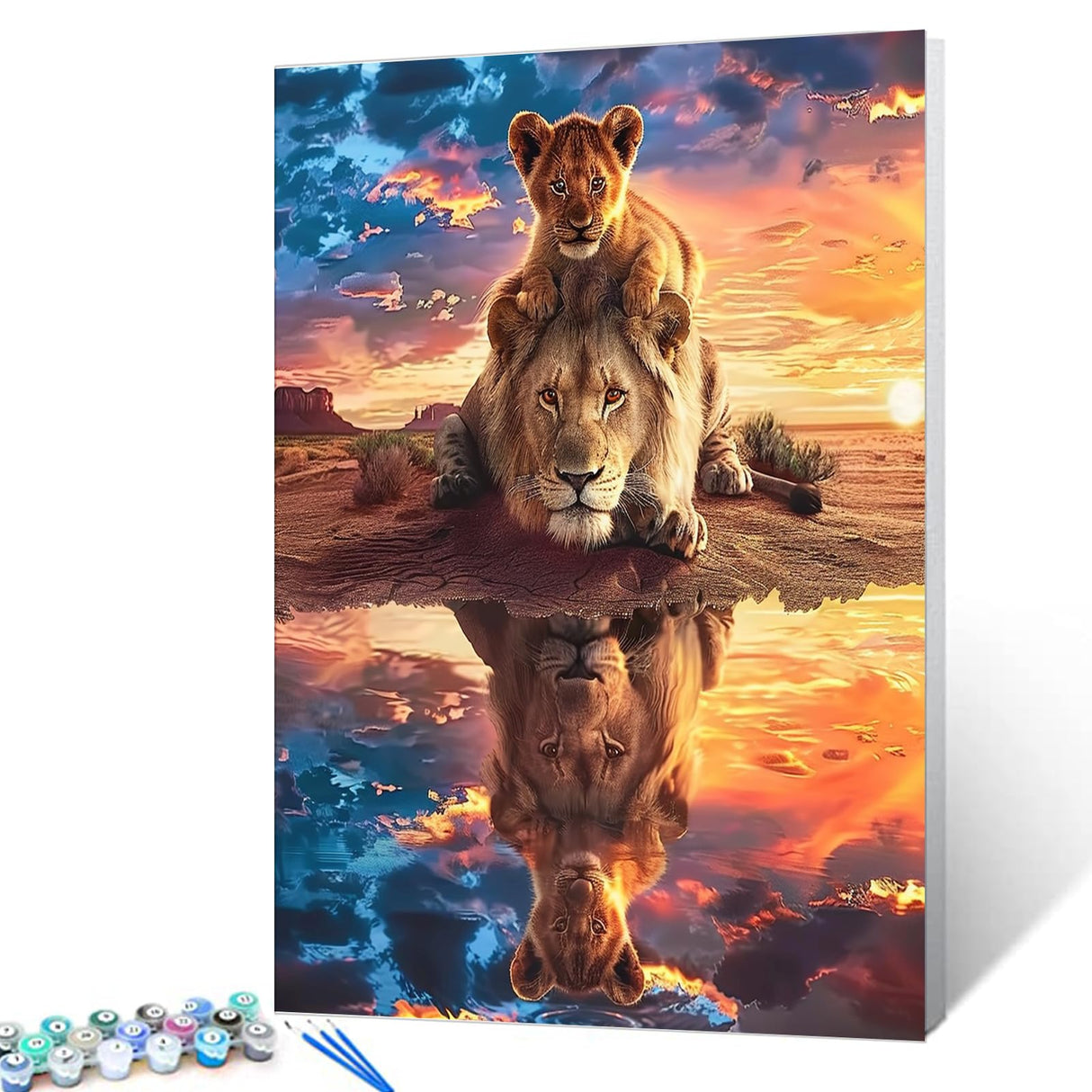 Paint by Numbers Kits for Adult DIY Reflection of Animals in Water Acrylic Pigment King of The Prairie Lion Canvas Oil Painting for Beginner Kids Home Wall Art Decor Gift 16''W x 20''H(Frameless) Aihonmin