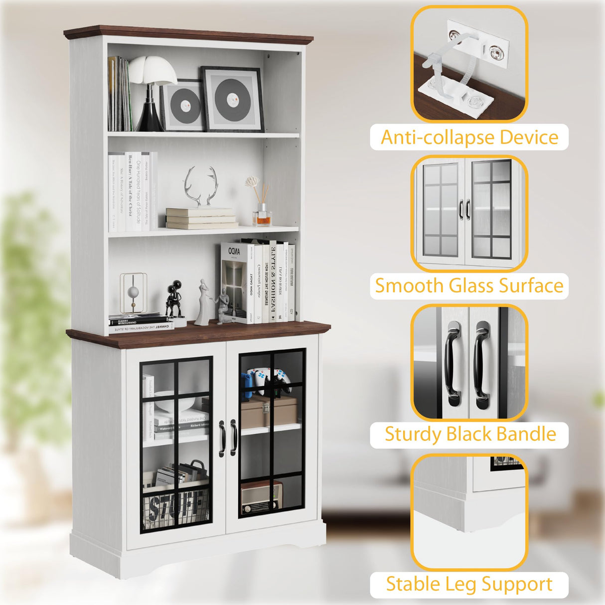 5-Shelf Tall Bookcase with Glass Doors in White - Stylish and Spacious Storage for Home or Office blini