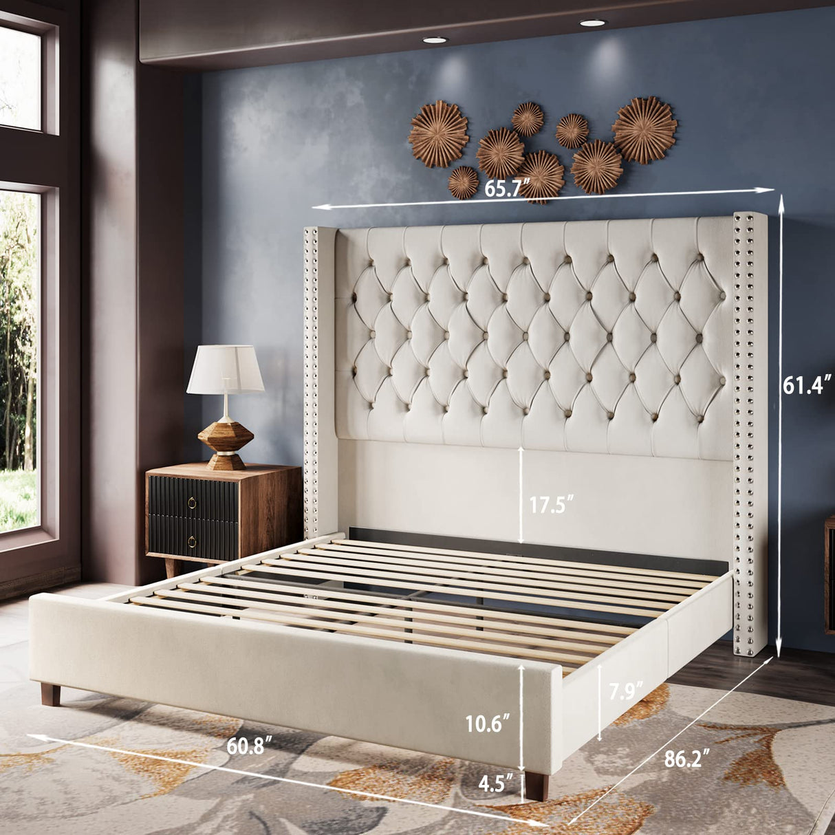 Jocisland Velvet Upholstered Bed Frame Queen Size 61.4" Tall Headboard Queen Bed Frame/Deep Button Tufted/No Box Spring Needed/Cream Jocisland