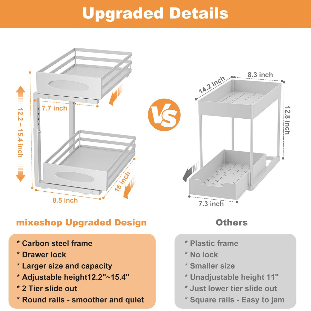 mixeshop Under Sink Organizer, 2 Tier Under Sink Organizers and Storage, Adjustable Height, Slide out Metal Cabinet Organizers, Pull out Cabinet Storage Drawer Shelf for Kitchen Bathroom White, 2 Pack mixeshop