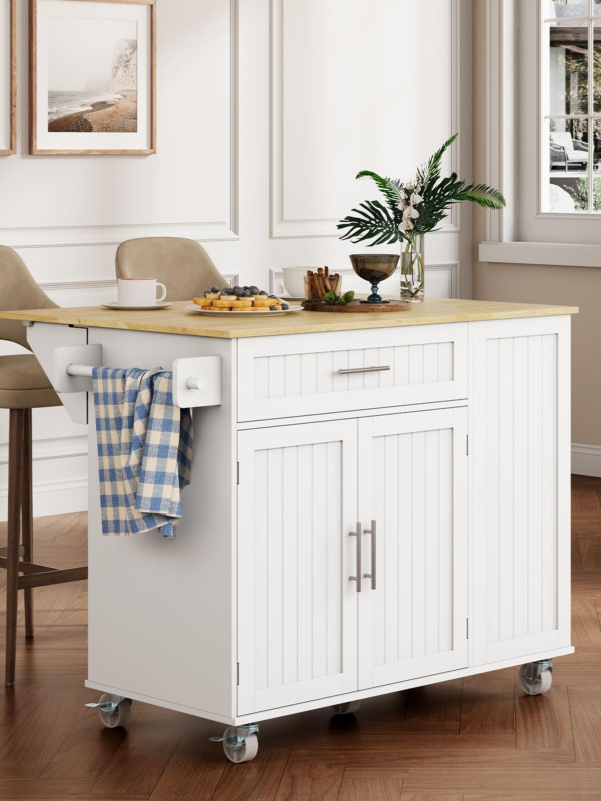 OtterOasis Kitchen Island with Storage, 31.5" D Rolling Kitchen Island Cart on Wheels with Widen Drop Leaf Rubberwood Top, Large Mobile Kitchen Island with Trash Can Storage and Towel Bar, White OtterOasis