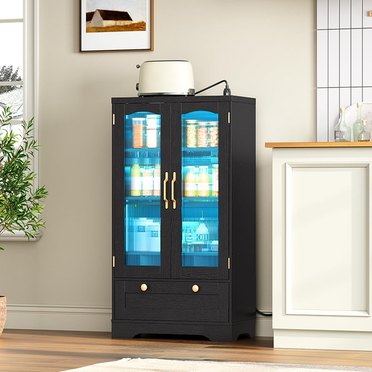 HOOBRO Kitchen Pantry Cabinet, Pantry Cabinet with Cup Holders and Wine Rack, Pantry Storage Cabinet with Charging Station and LED Lights, Pantry with Drawers for Dining Room, Black and Gold HOOBRO