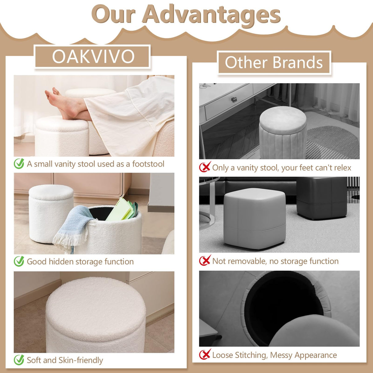 oakvivo Round Ottoman Foot Stool with Storage Set of 2, Storage Ottoman with Removable Lid, Soft Teddy Velvet Upholstered Footstool, Vanity Stool for Makeup, Foot Rest for Living Room, Bedroom, White oakvivo