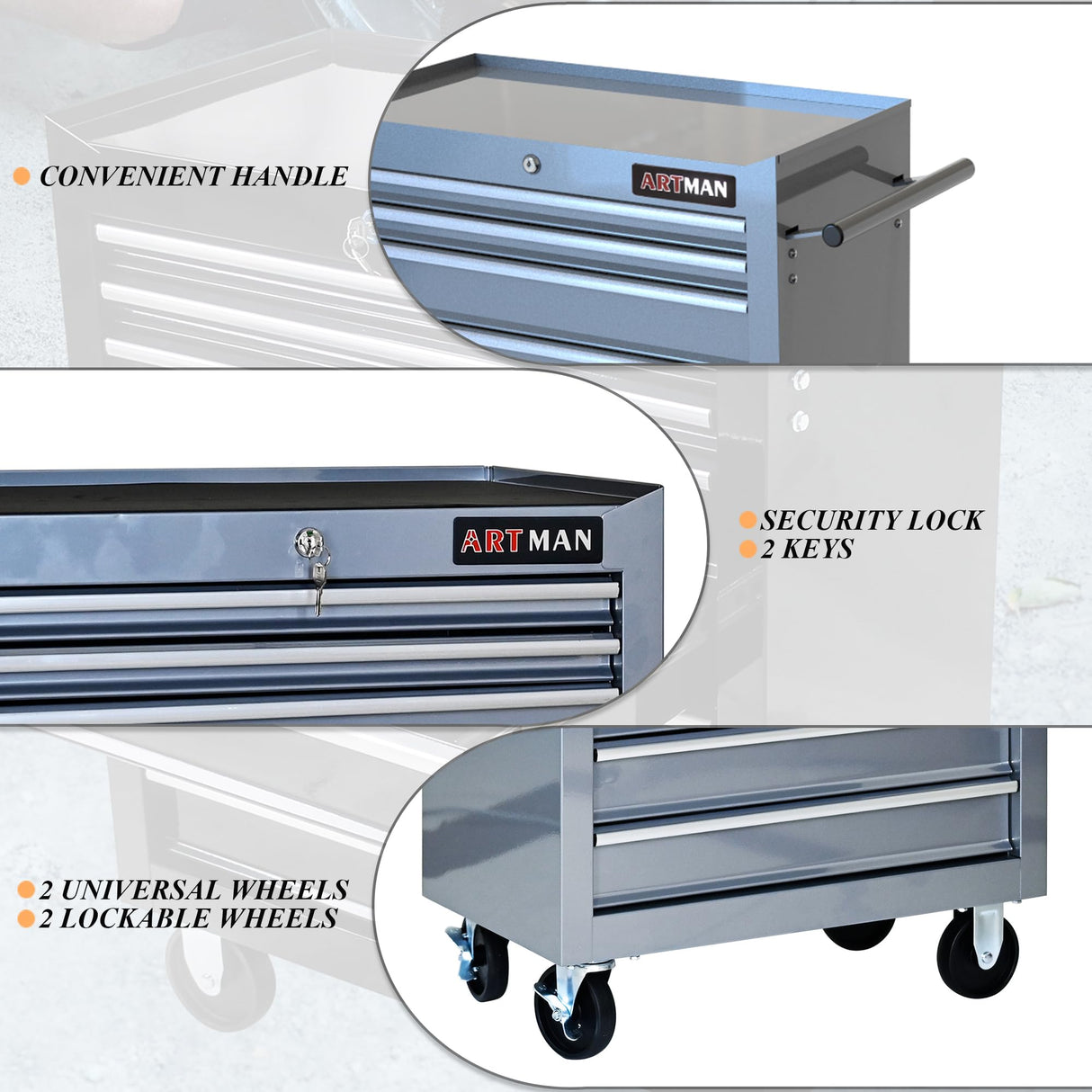 lunhung 7-Drawer Metal Rolling Tool Chest with Wheels,Tool Storage Cabinet with Locking System,Multifunctional Tool Cart with Wheels for Garage, Warehouse, Workshop, Repair Shop (Silver) lunhung