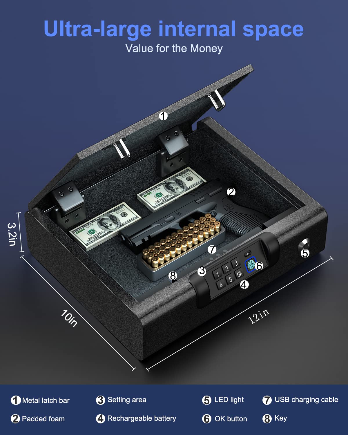 Gun Safe,Biometric Gun Safe for Pistols 3-Ways unlock Safe Fingerprint Digital PIN Key Unlock with Voice, Gun lock box for Cloakroom living room Bedroom Nightstand and Car BILLCONCH BILLCONCH