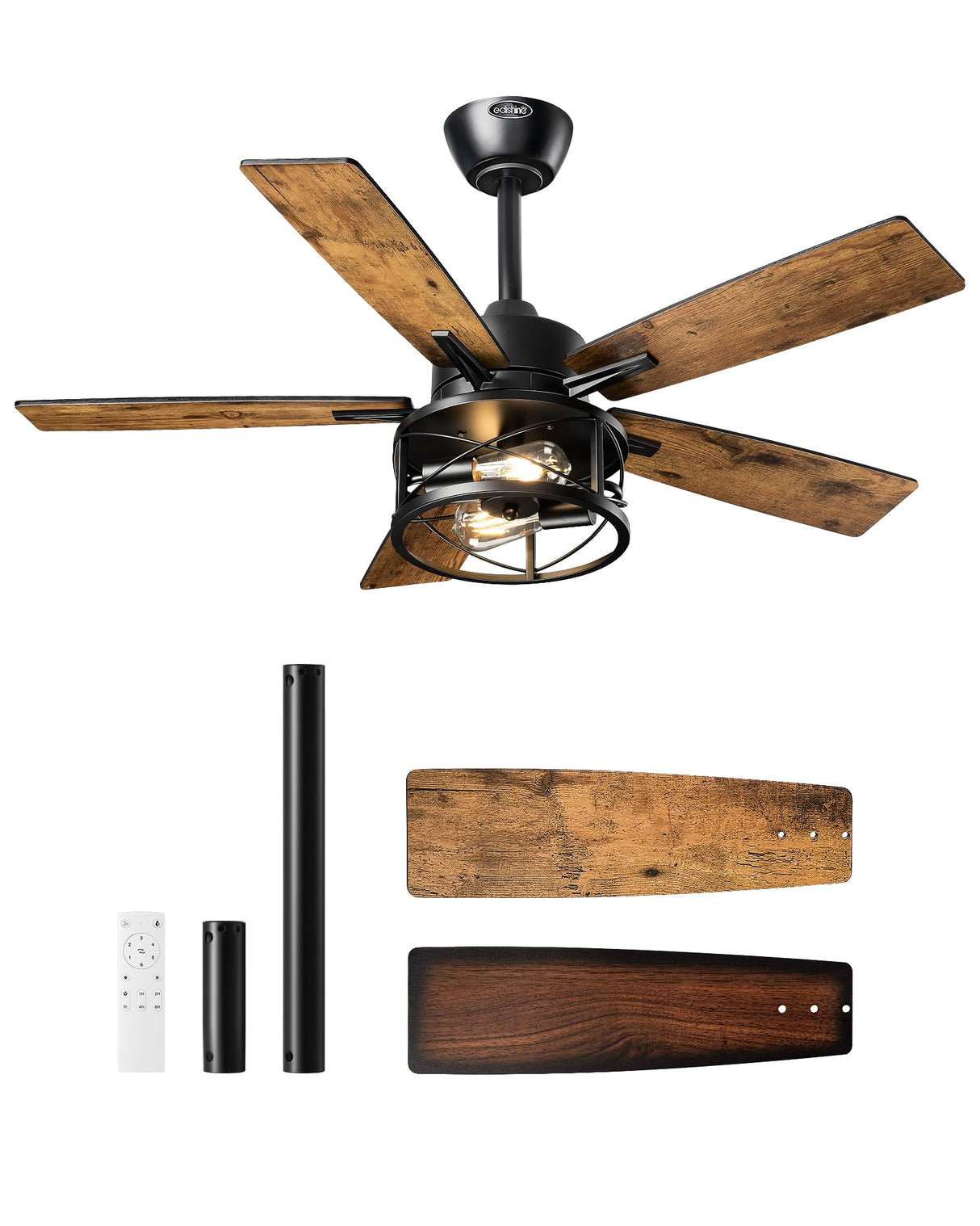 EDISHINE 42“ Farmhouse Ceiling Fans with Lights, Remote Control, Dimmable, 6 Speeds, 5 Wood Blades, DC Reversible Motor, Timer, Noiseless, Small Rustic Ceiling Fan for Bedroom Living Room, UL Listed EDISHINE