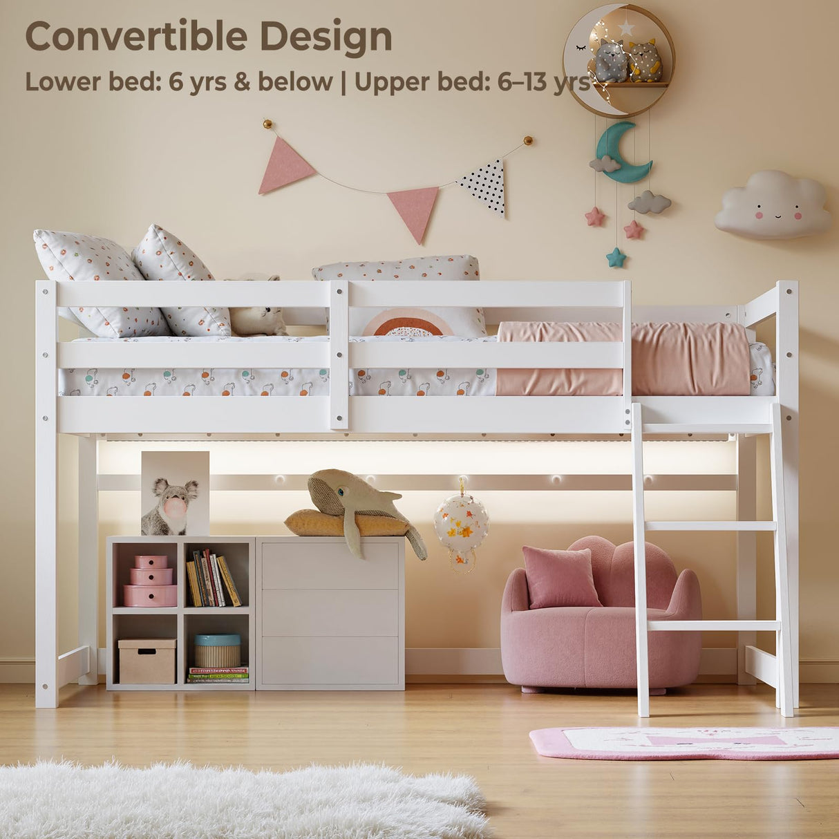 Vantic Low Bunk Bed with Guardrail and LED Light, Floor Toddler Bunk Bed Twin Over Twin with Wide Stairs, Convertible Soild Wooden Loft Bed for Kids with 6 Hooks, Space-Saving, White Vantic