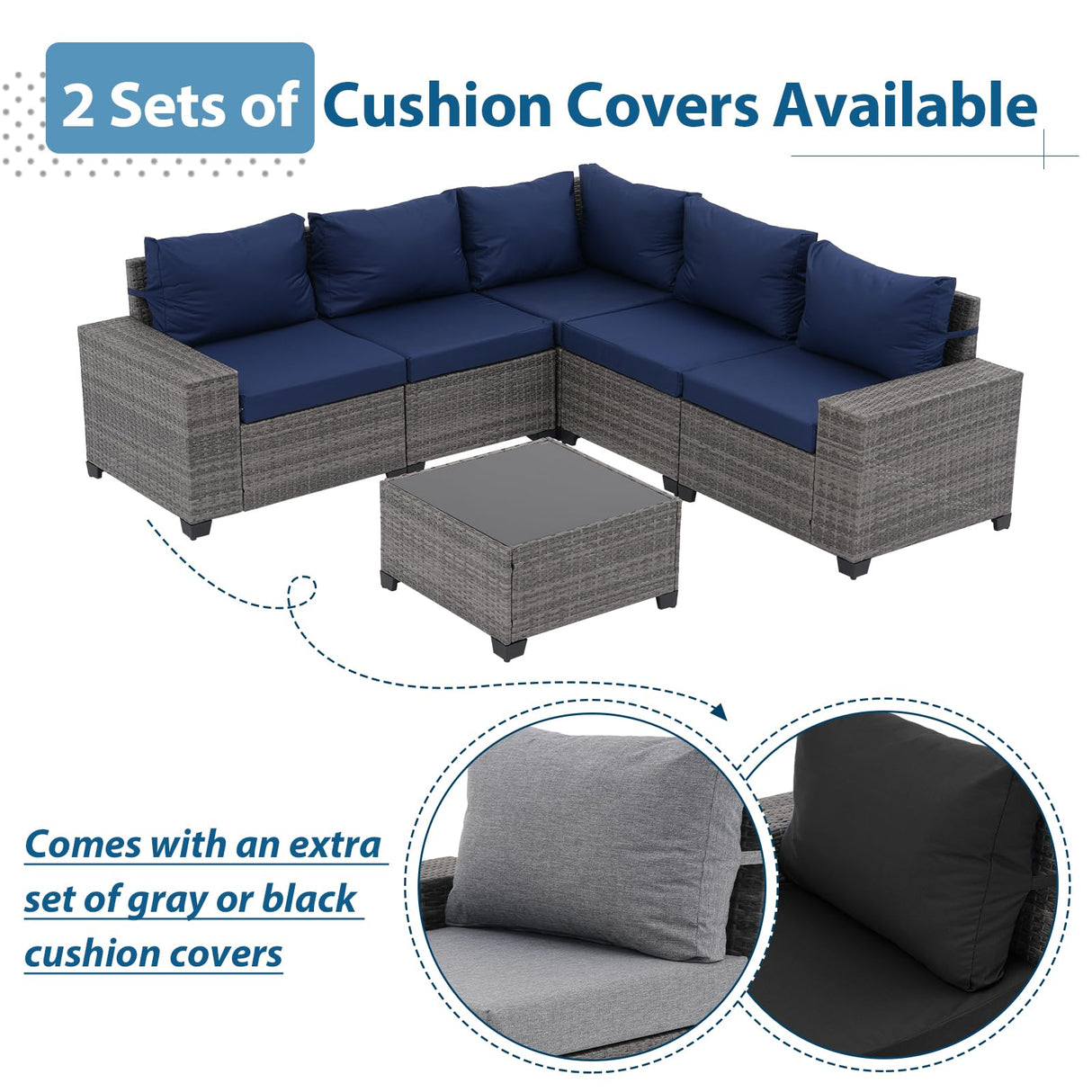 JOIVI Patio Furniture Set with Coffee Table - Flexible 6 Piece PE Wicker Rattan Outdoor Sofa Configuration, Enhanced Comfort with Additional Cushion Covers, Ideal for Family Game Nights, Blue JOIVI