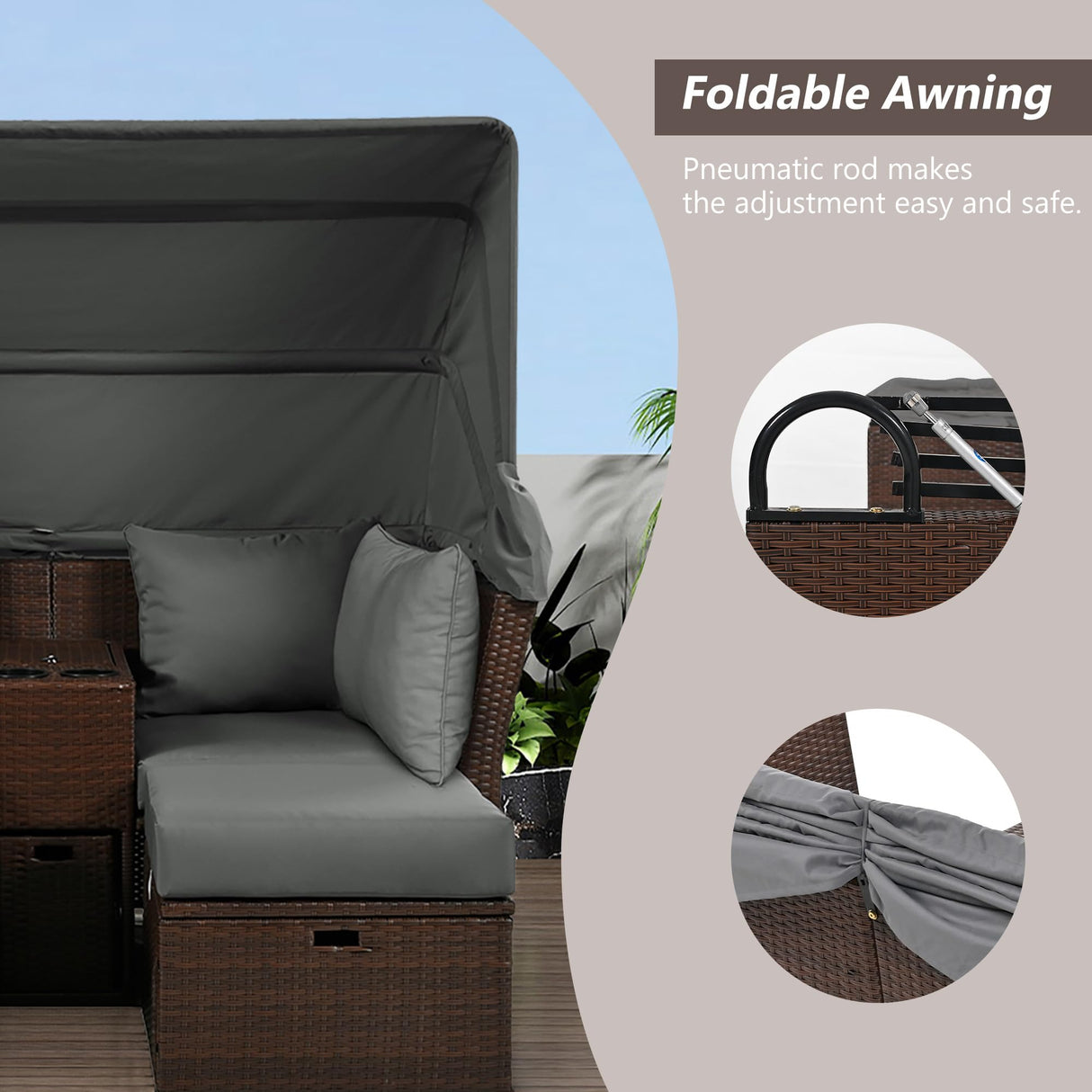 Merax Patio Outdoor Loveseat Sofa Double Daybed Set, 2-Seater with Foldable Awning+Cushions+4 Pillows, for Garden, Balcony, Poolside, Grey Merax