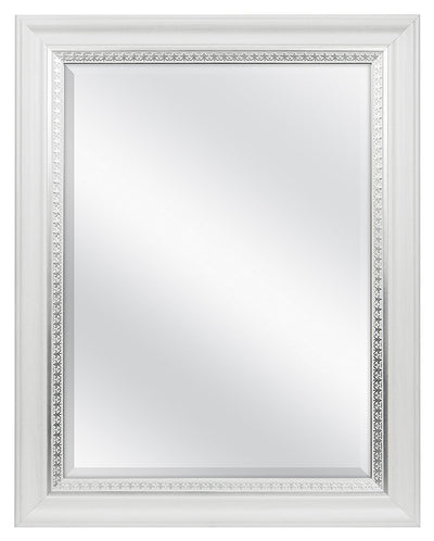 MCS 23x29 Large Wall Mirror, White Woodgrained Frame with Silver Embossed Detail & Beveled Detail Mirror, Vertical & Horizontal Wall Hanging Mirror for Bathroom, Bedroom & Livingroom