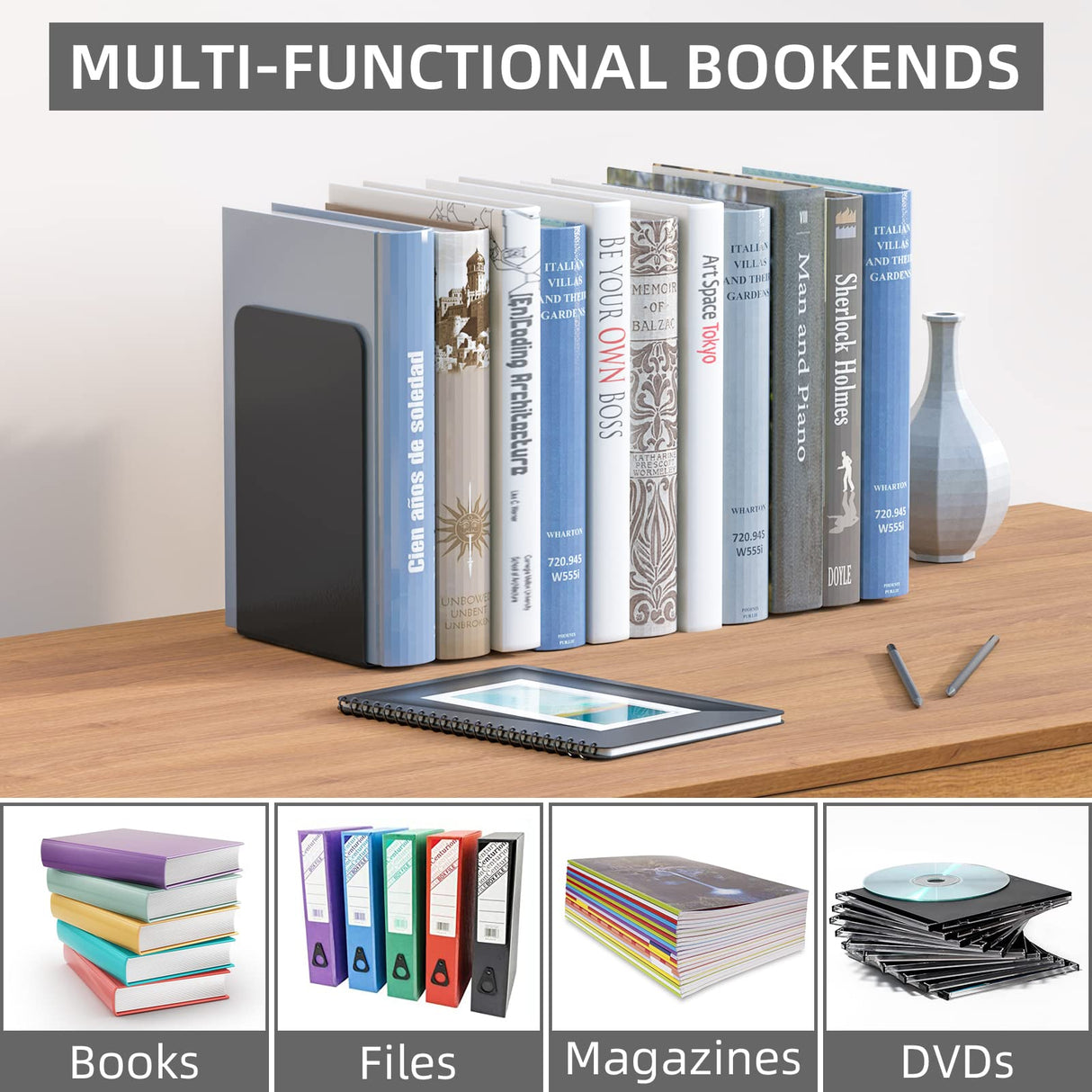 VFINE Bookends 1 Pair, Bookends for Shelves, Metal Black Book Ends for Shelves, Book Ends for Heavy Books, Book Shelf Holder for Home Office VFINE